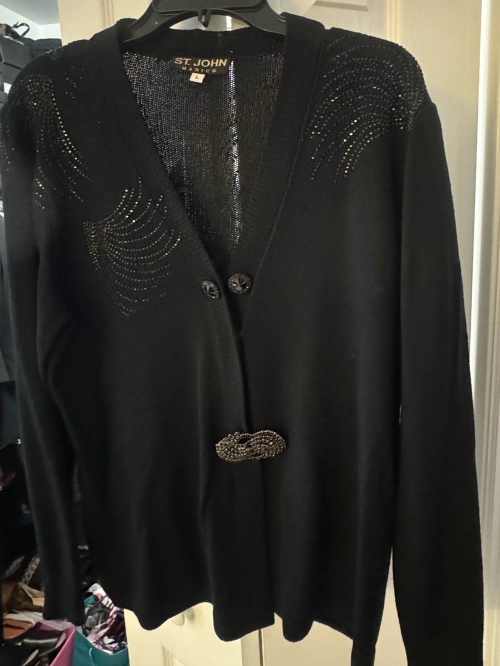 St. John Black Beaded V-Neck Cardigan with Decorative Closure